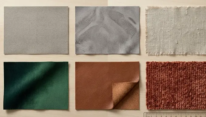 Upholstery fabric types identification — swatches of polyester, microfiber, linen, velvet, leather, and cotton upholstery fabrics