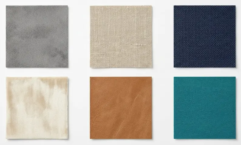 Different upholstery fabric types cleaned professionally in Seattle — microfiber, linen, velvet, leather sofa samples