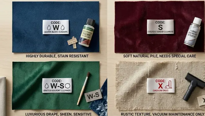 Velvet sofa fabric types guide — polyester, cotton, viscose, and performance velvet pile comparison for cleaning
