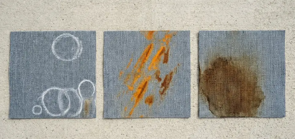 Water stains vs mineral deposits vs rust stains on outdoor cushions — identification guide for patio furniture fabric