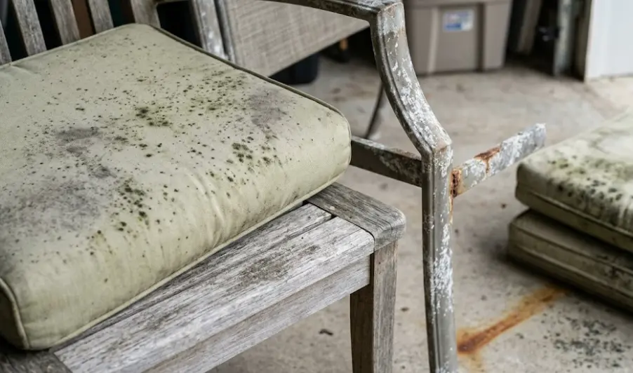 Winter storage damage on patio furniture — mold on outdoor cushions, greying teak frame, and surface deterioration after Seattle winter storage